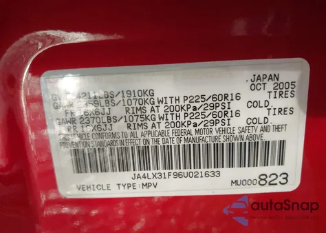2006 Mitsubishi Outlander Ls from USA, damaged, VIN JA4LX31F96U021633
